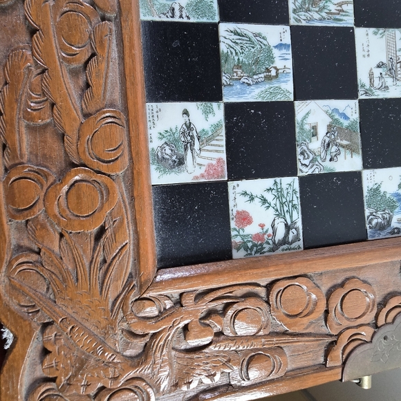 Vintage Chinese Hand Carved Jade Soapstone Chess Set Folding Wooden Case Drawers - Picture 5 of 16